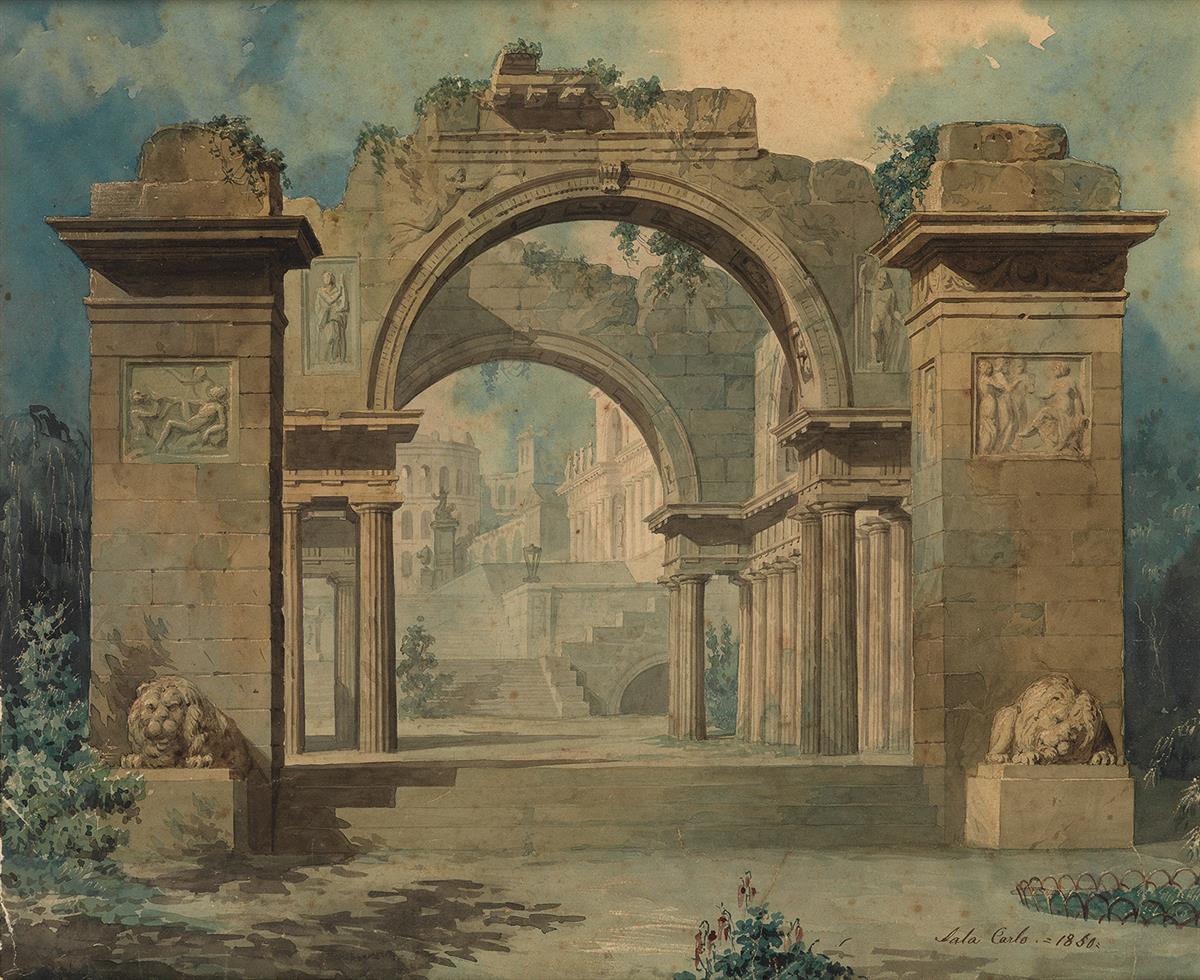 CARLO SALA (Italian, mid-19th century) An Architectural Capriccio with a Roman Triumphal Arch.